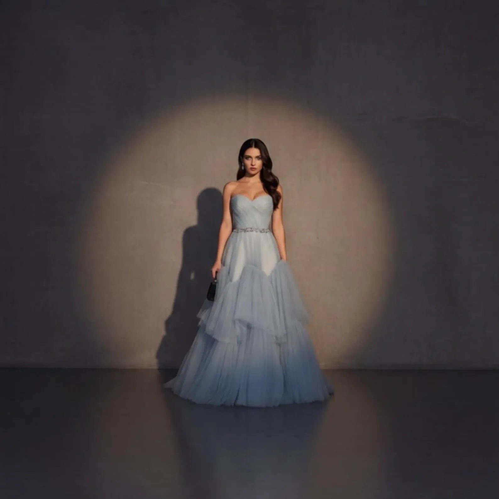 Dreamy A-Line Strapless Sweetheart Tiered Tulle Dusty Blue Long Prom Dress With Beaded