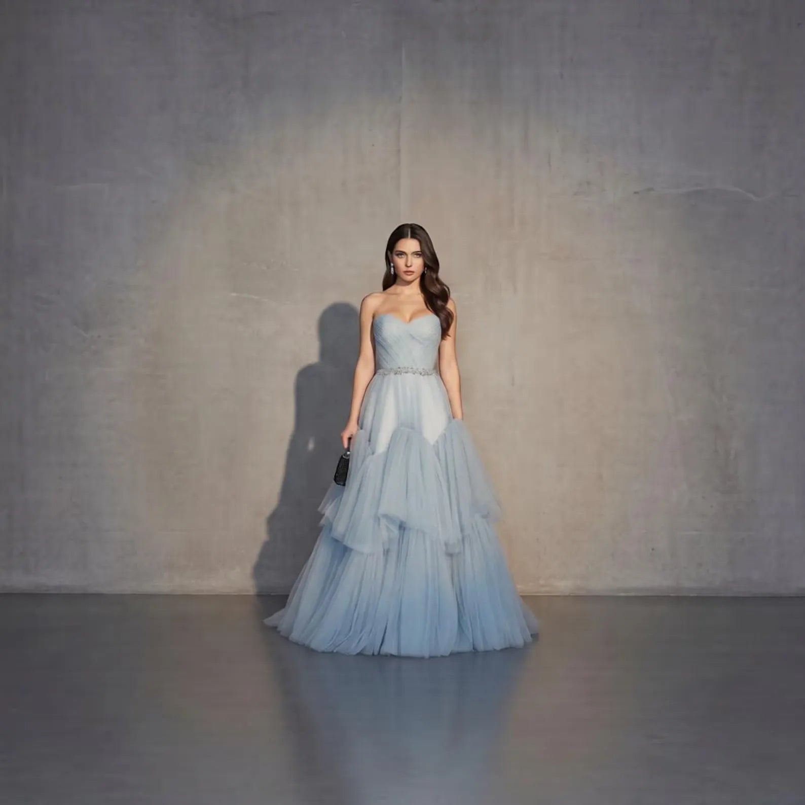 Dreamy A-Line Strapless Sweetheart Tiered Tulle Dusty Blue Long Prom Dress With Beaded