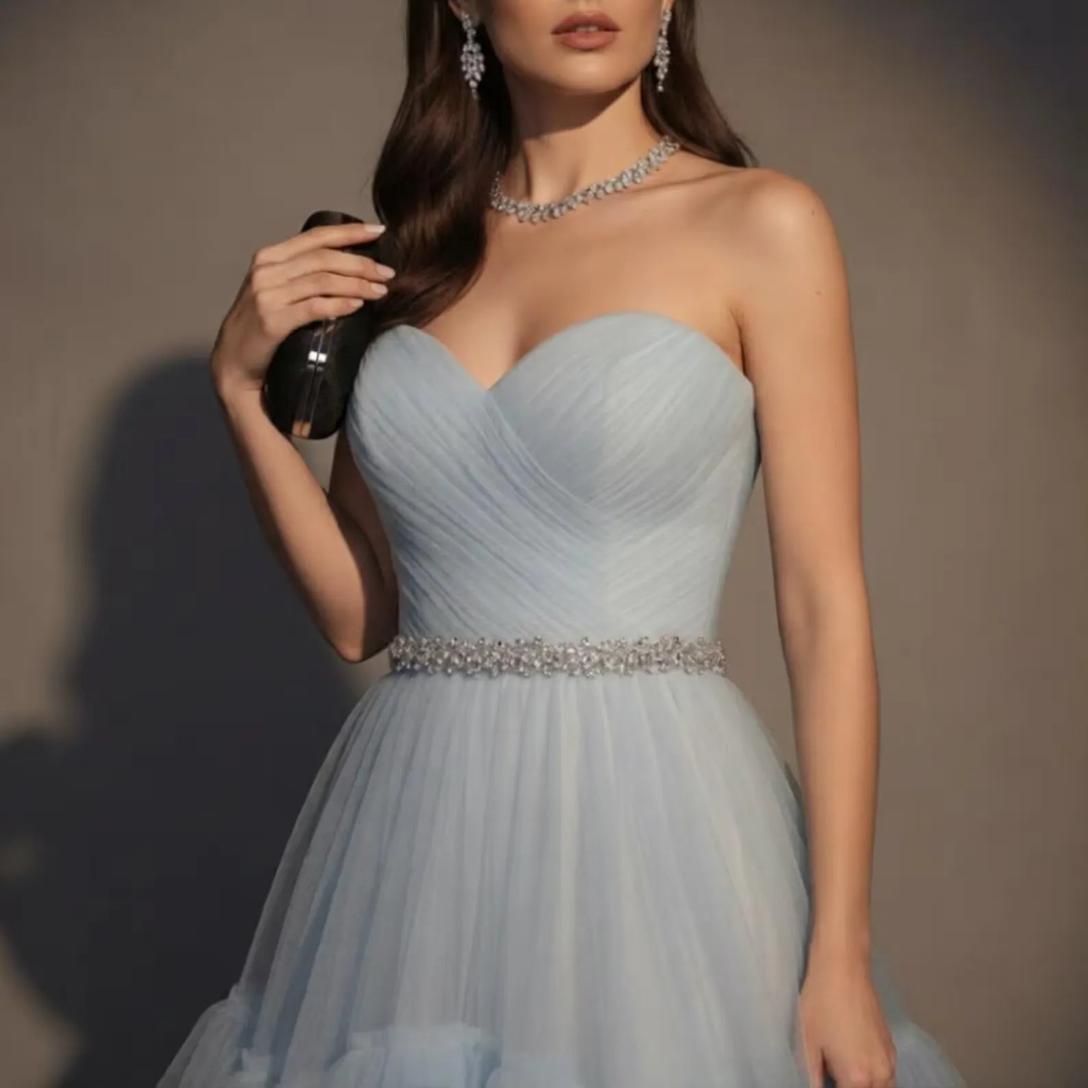 Dreamy A-Line Strapless Sweetheart Tiered Tulle Dusty Blue Long Prom Dress With Beaded