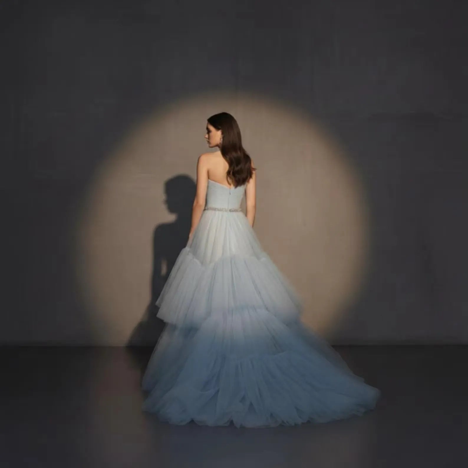 Dreamy A-Line Strapless Sweetheart Tiered Tulle Dusty Blue Long Prom Dress With Beaded