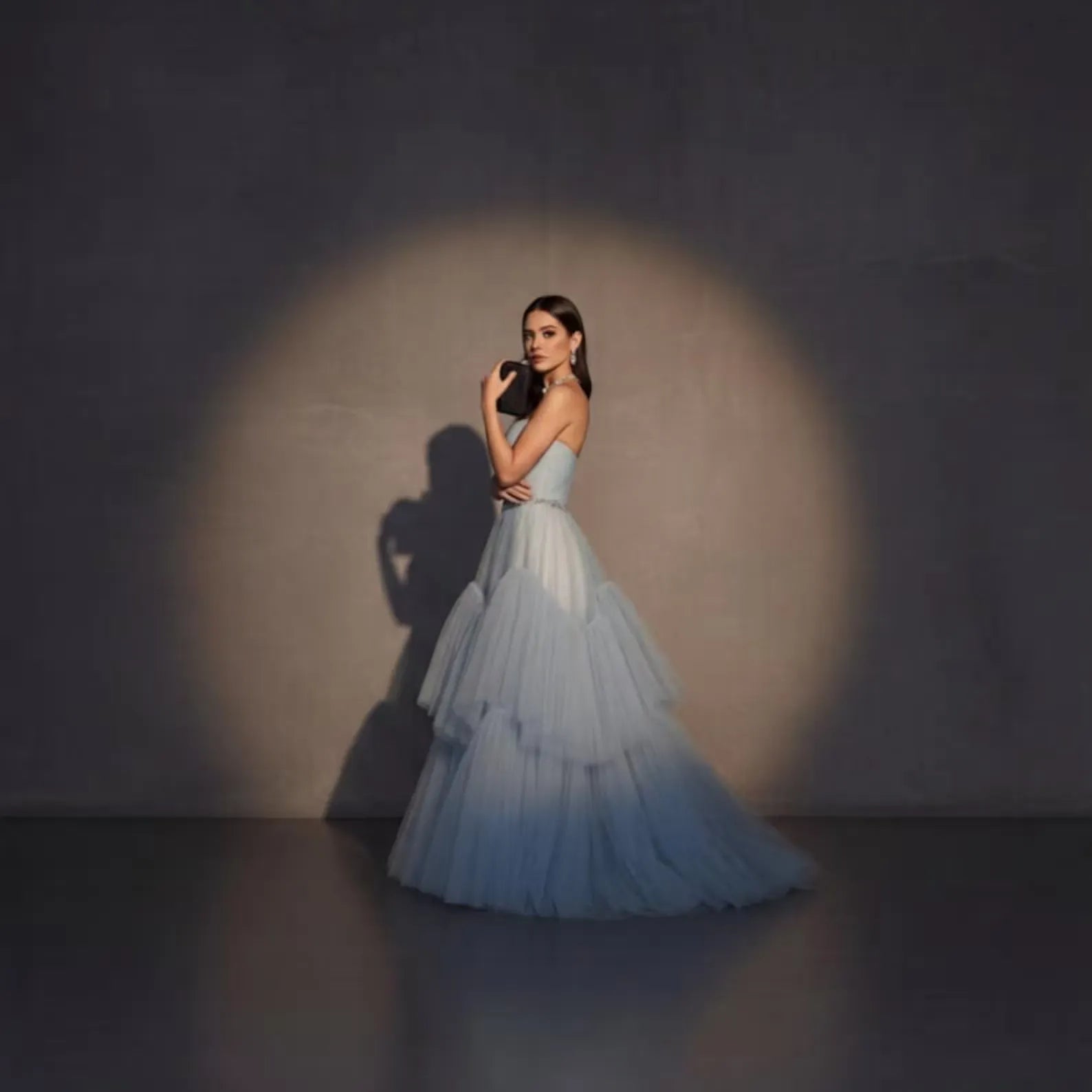 Dreamy A-Line Strapless Sweetheart Tiered Tulle Dusty Blue Long Prom Dress With Beaded