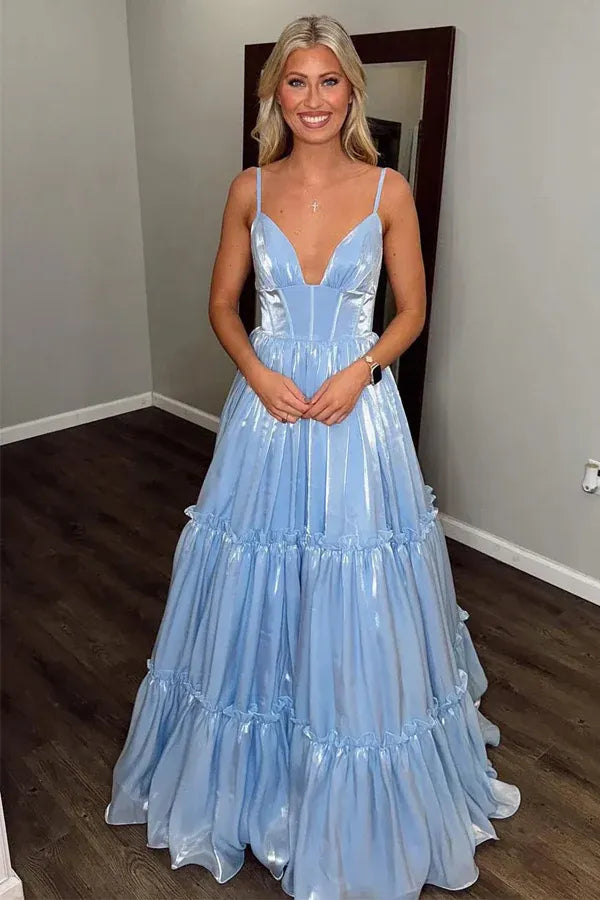Dreamy Spaghetti Strap Ruffle Tiered Shiny Satin Maxi Prom Dress