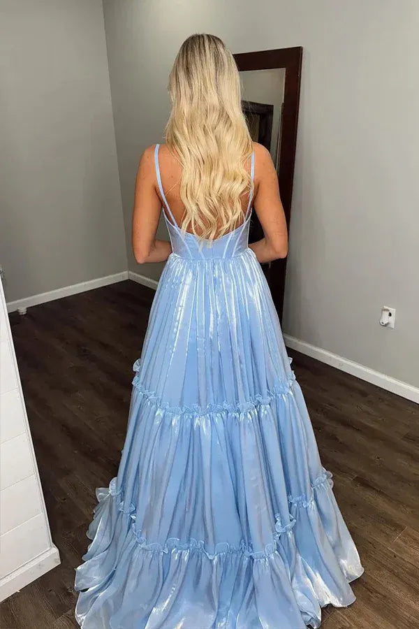 Dreamy Spaghetti Strap Ruffle Tiered Shiny Satin Maxi Prom Dress