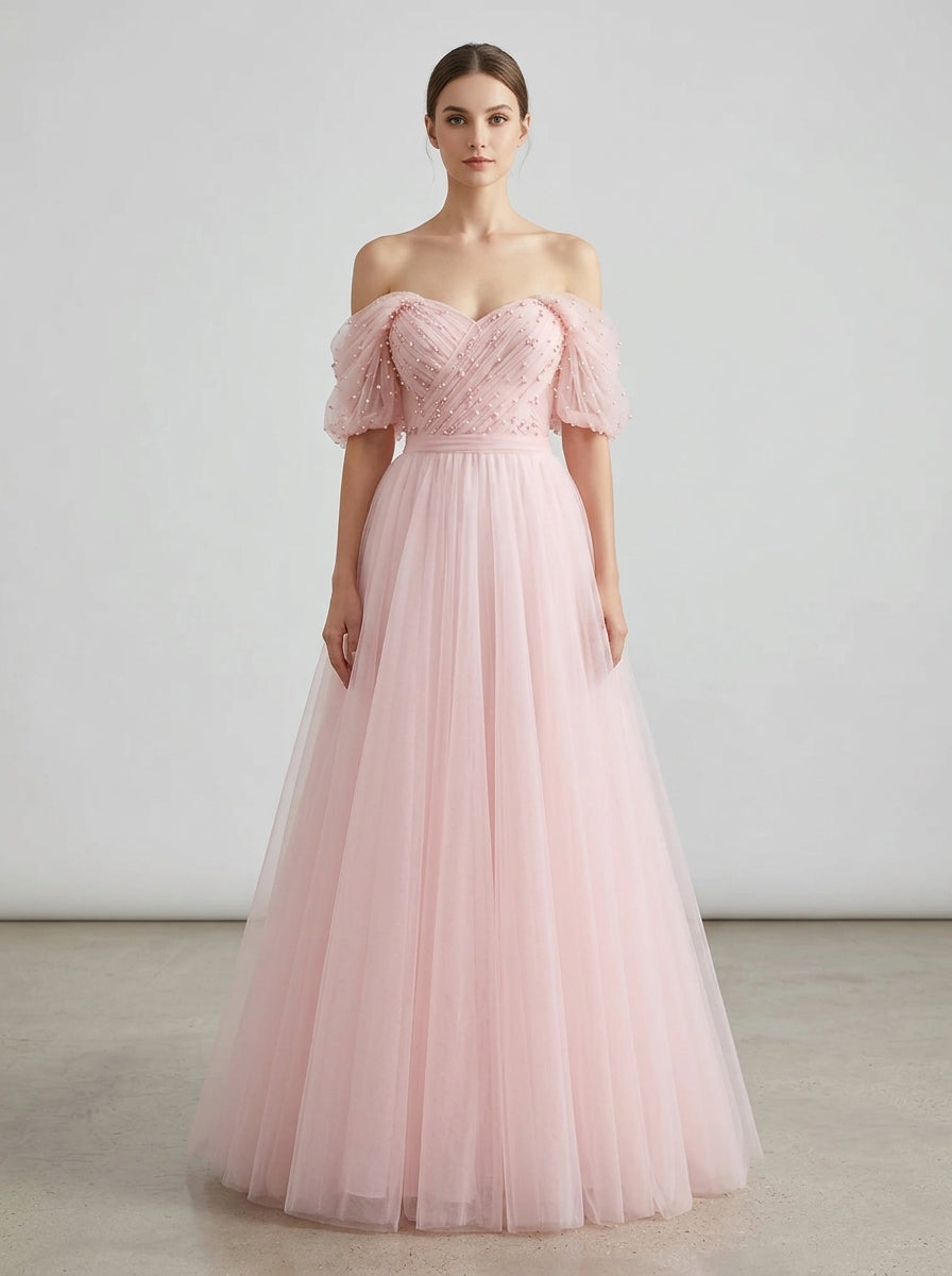 Dreamy A-Line Off-Shoulder Puffy Beaded Ruched Tulle Pink Floor-Length Prom Dress