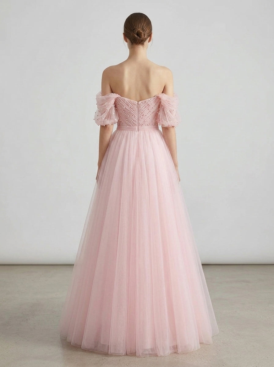Dreamy A-Line Off-Shoulder Puffy Beaded Ruched Tulle Pink Floor-Length Prom Dress