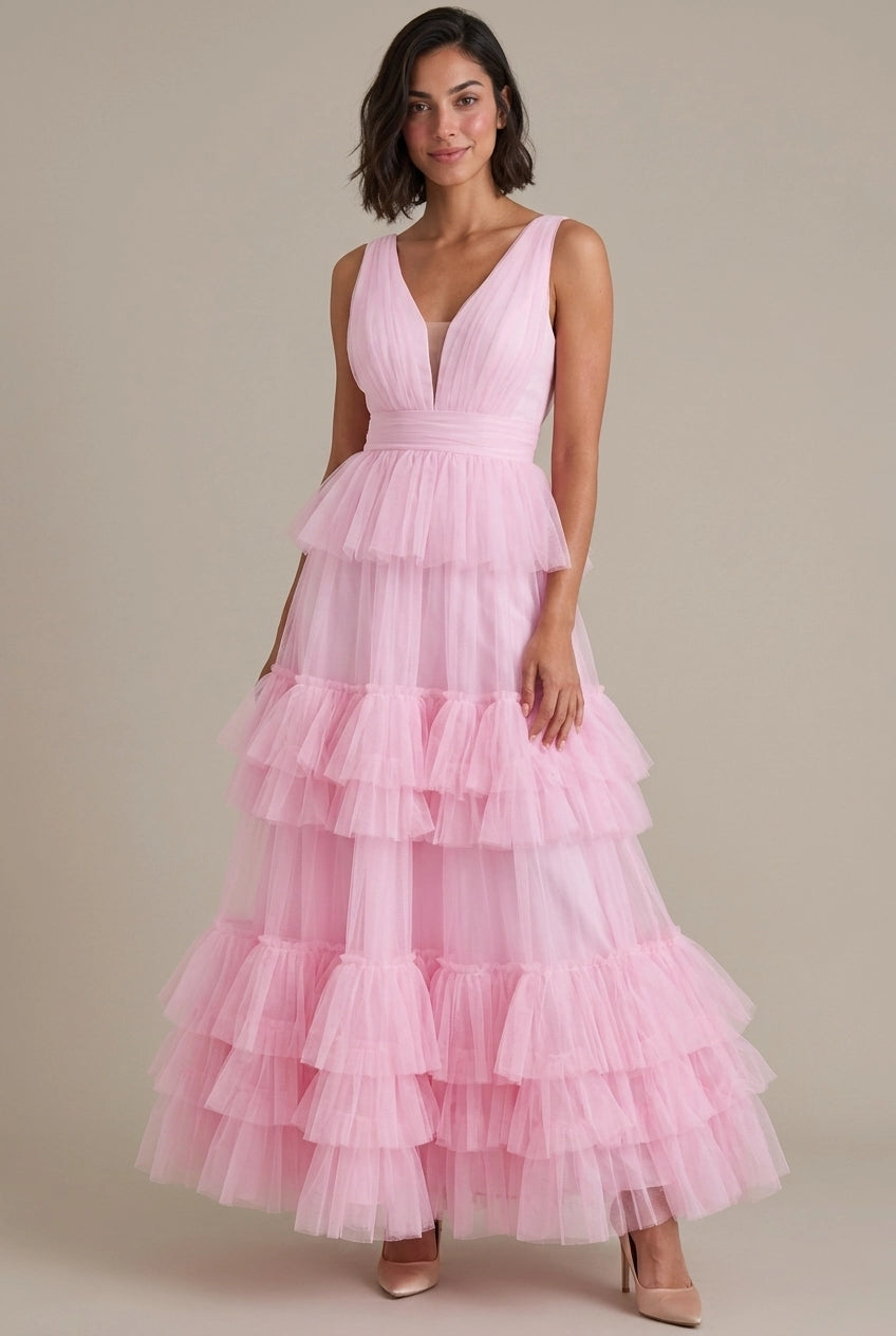 Dreamy A-Line V-Neck Tiered Ruffle Tulle Pink Floor-Length Prom Dress For Sale
