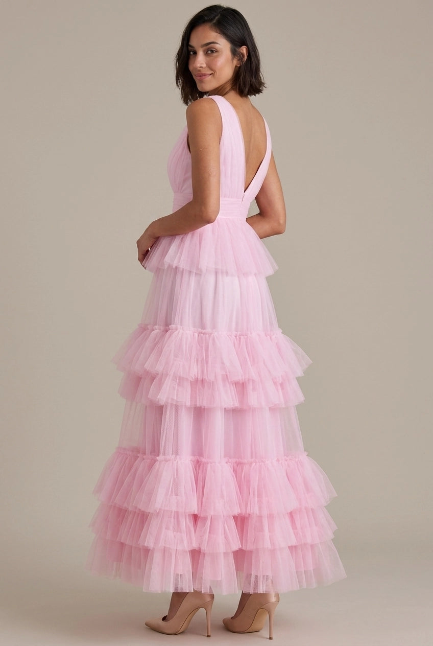 Dreamy A-Line V-Neck Tiered Ruffle Tulle Pink Floor-Length Prom Dress For Sale