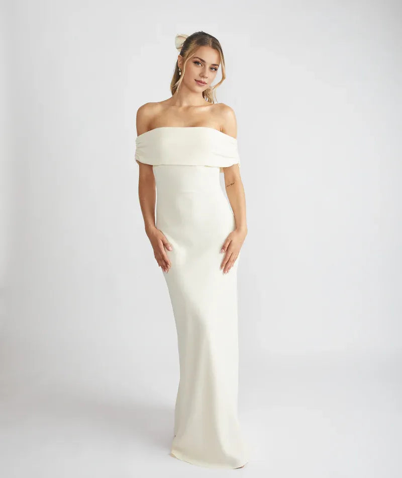 Weitese Dress Elegant Off the Shoulder Bridesmaid Dress Maxi Dress Solid Color Sage Sleeveless Column Prom Dress