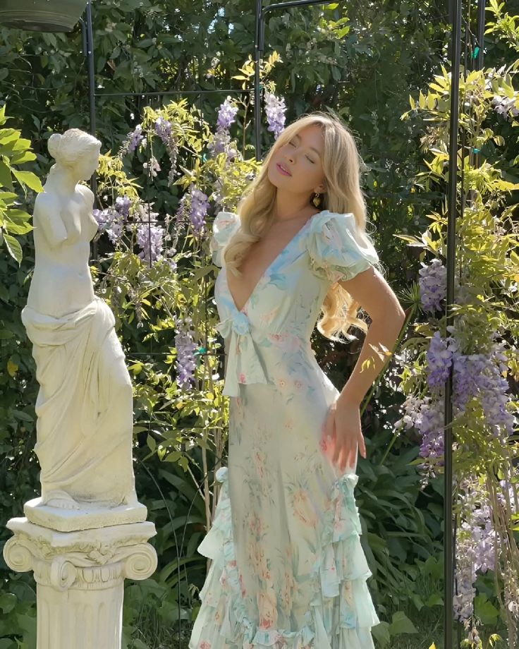 Vestido azul floral con escote en V, sexy, elegante, largo con volantes, para noche, fiesta en el jardín, con vestidos de graduación. 