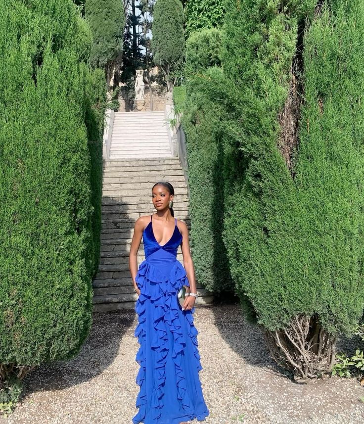 Dress For Formal Blue V-neck Low-cut Hem Ruffled Slim Long Chiffon Ball Gown Evening Dress Party Dress  Stores With Prom Dresses
