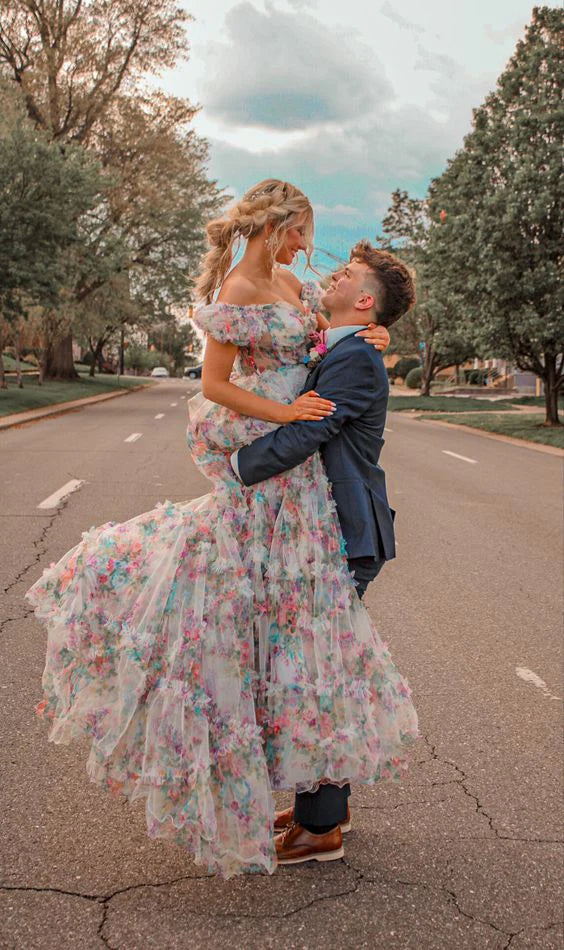 Dress For Formal Elegant Princess A-Line Floral Corset Long Prom Dress with Balloon Sleeves / Stores With Prom Dresses