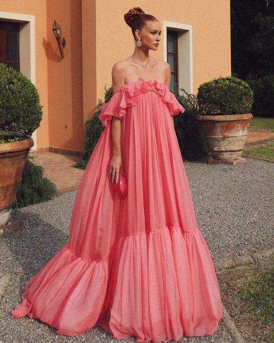 Dress For Formal Pink Fashion Long Ruffle Neck Chiffon Formal Prom Dress Evening Dress Wedding Guest Dress / Stores With Prom Dresses
