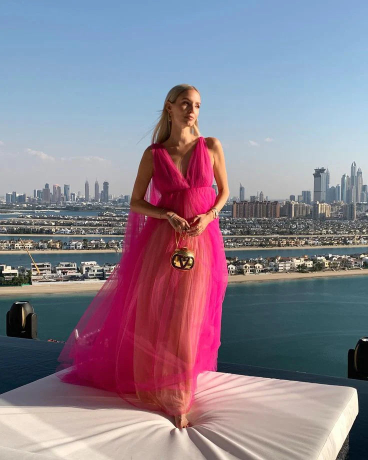 Dress For Formal Pink V-neck Long Shoulder Strap Tulle Long Ball Gown Prom Dress Evening Dress / Stores With Prom Dresses