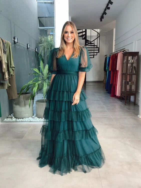 Vestido formal sencillo de tul verde con escote en V y mangas cortas, corte A, largo hasta el suelo, para fiesta de graduación. Tiendas con vestidos de fiesta. 
