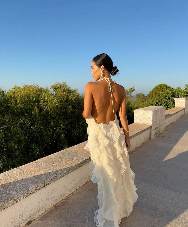 Vestido formal blanco elegante con tirantes y volantes, largo de gasa, para fiesta de graduación, noche, para invitada de boda / Tiendas con vestidos de fiesta 