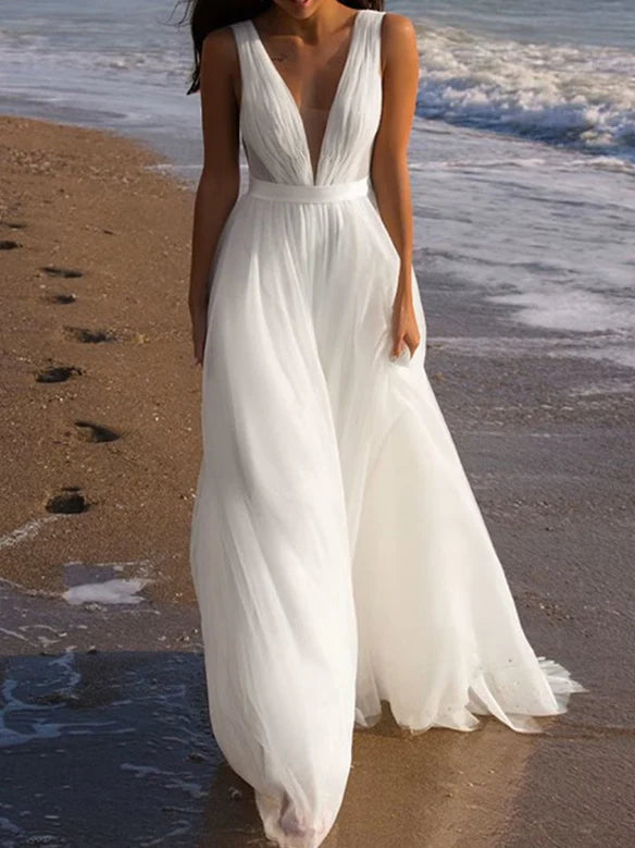Dress For Wedding A-Line/Princess Deep V-Neck Sleeveless Floor-Length Tulle Wedding Dress Formal Women's Dresses