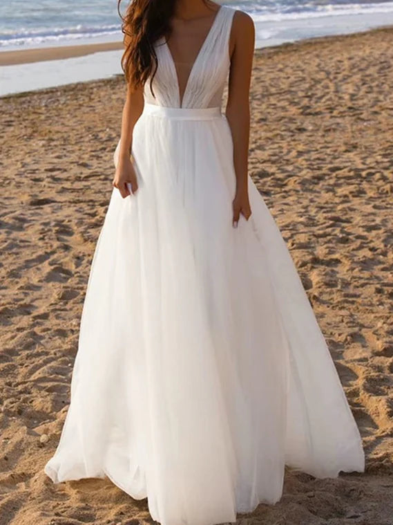 Dress For Wedding A-Line/Princess Deep V-Neck Sleeveless Floor-Length Tulle Wedding Dress Formal Women's Dresses