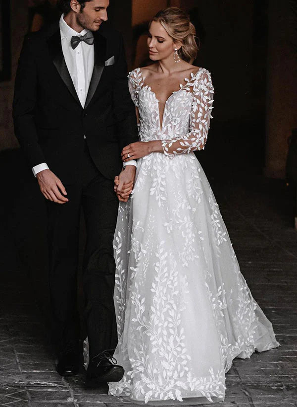Dress For Wedding A-Line/Princess V-Neck Floor-length Wedding Dress Long Sleeves Backless Wedding Dress Formal Women's Dresses