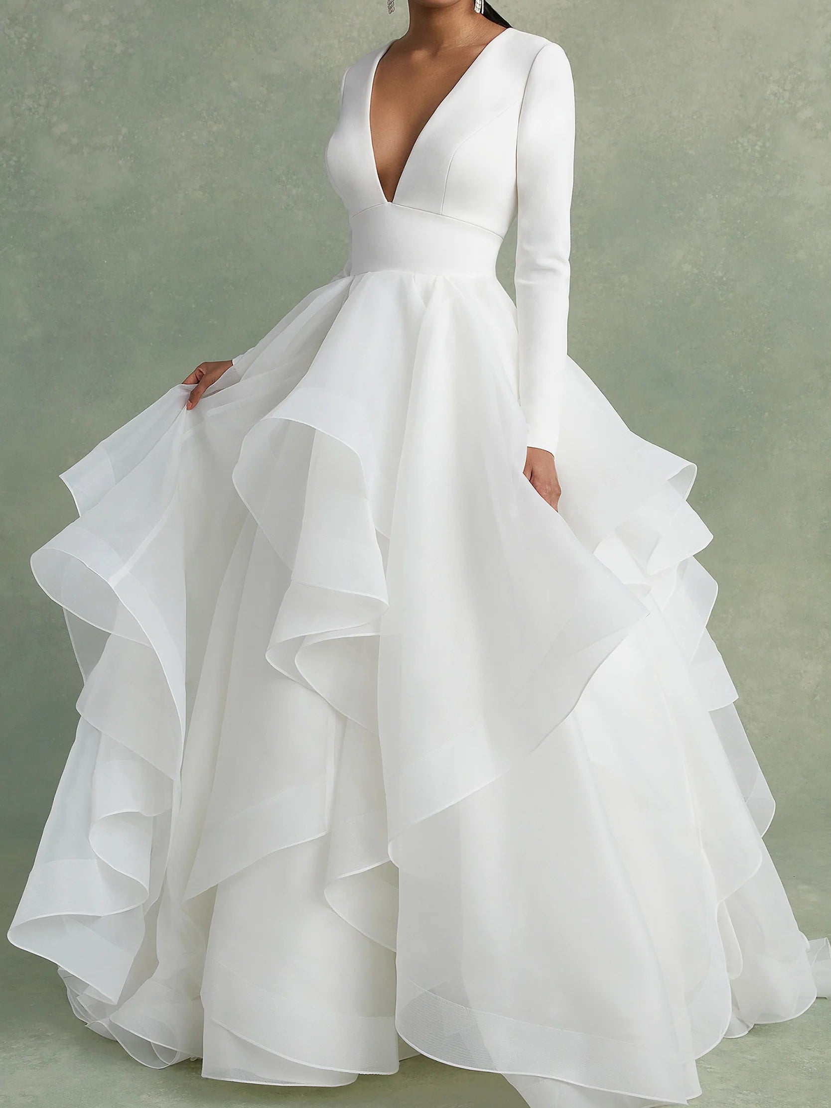 Dress For Wedding A-Line/Princess V-Neck Long Sleeves Floor-Length Ball-Gown Wedding Dress With Ruffles Formal Women's Dresses