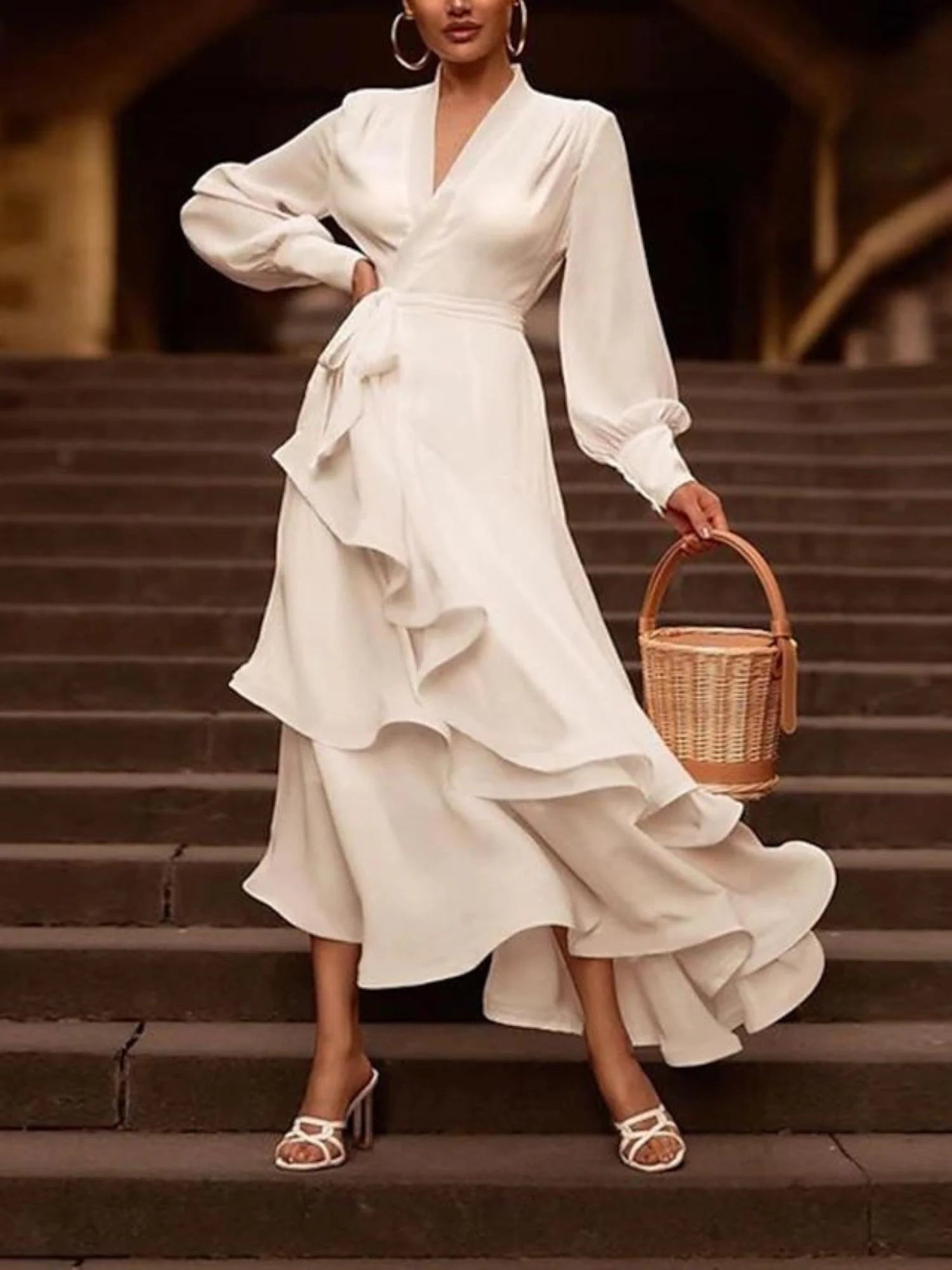 Dress For Wedding A-line/princess V-neck Long Sleeves Asymmetrical Wedding Dress With Ruffles Formal Women's Dresses