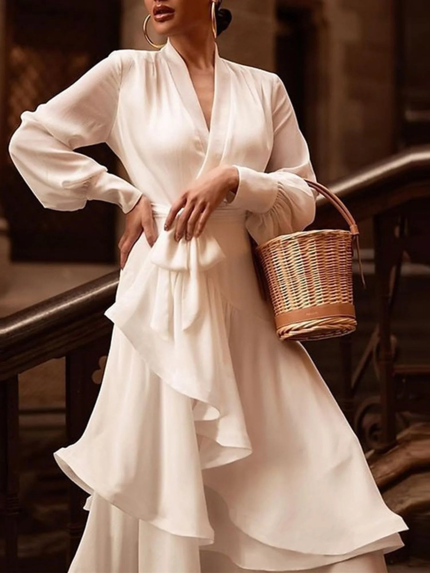 Dress For Wedding A-line/princess V-neck Long Sleeves Asymmetrical Wedding Dress With Ruffles Formal Women's Dresses