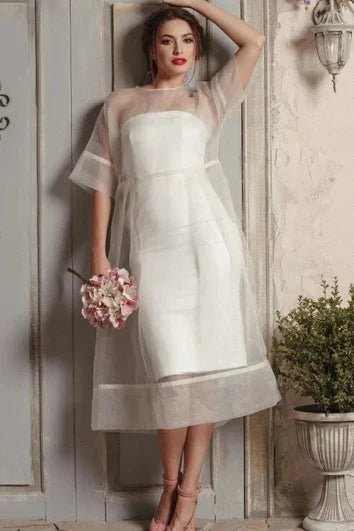 Vestido para boda moderno de corte A, largo hasta la rodilla, media manga, con botones, vestido de novia/vestido formal 