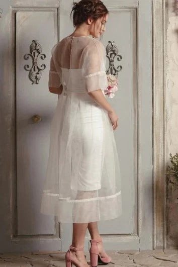 Vestido para boda moderno de corte A, largo hasta la rodilla, media manga, con botones, vestido de novia/vestido formal 