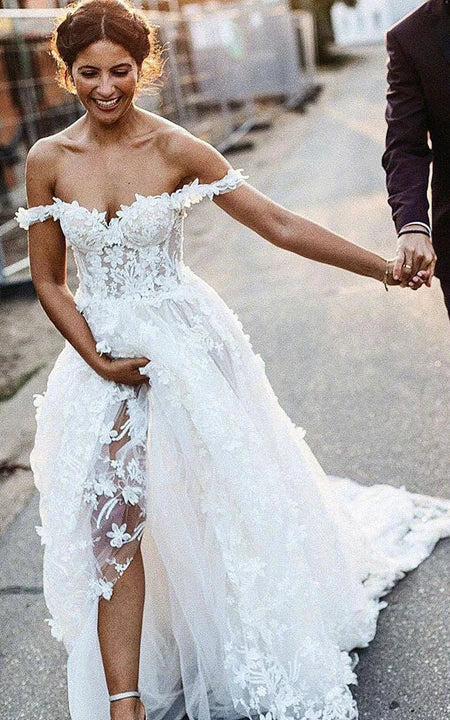 Vestido para boda con hombros descubiertos, encaje estilo imperio, plisado, corsé en la espalda. Vestido de novia/Vestido formal. 