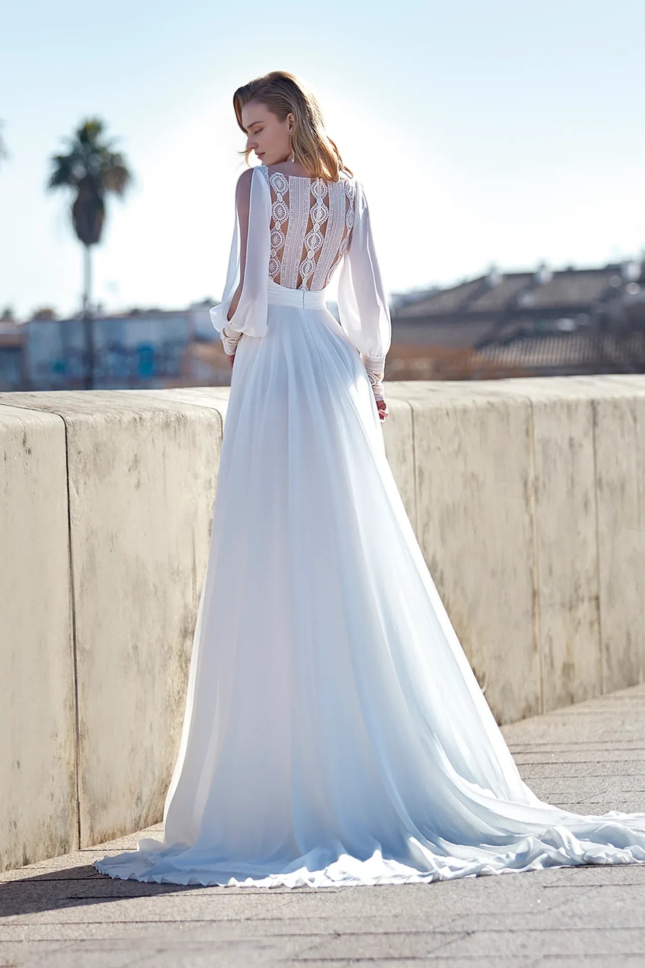 Dress For Wedding Plunging V Neck Long Open Puffed Sleeved A-line Flared Lace Back Wedding Dress Formal Women's Dresses