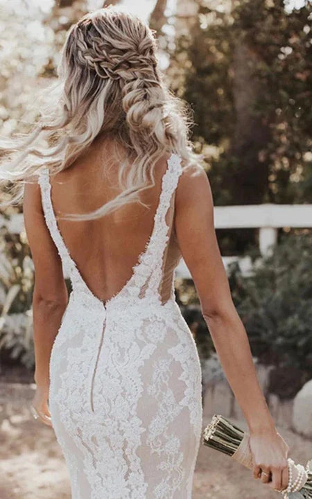 Dress For Wedding Sexy Plunged Sheath Pencil Lace Sleeveless V Back Wedding Dress with Back Slit / Dress For Formal
