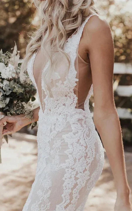 Dress For Wedding Sexy Plunged Sheath Pencil Lace Sleeveless V Back Wedding Dress with Back Slit / Dress For Formal
