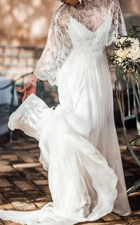 Dress For Wedding Simple Destination Front Split Chiffon Wedding Dress With Lace Cape Dress For Formal