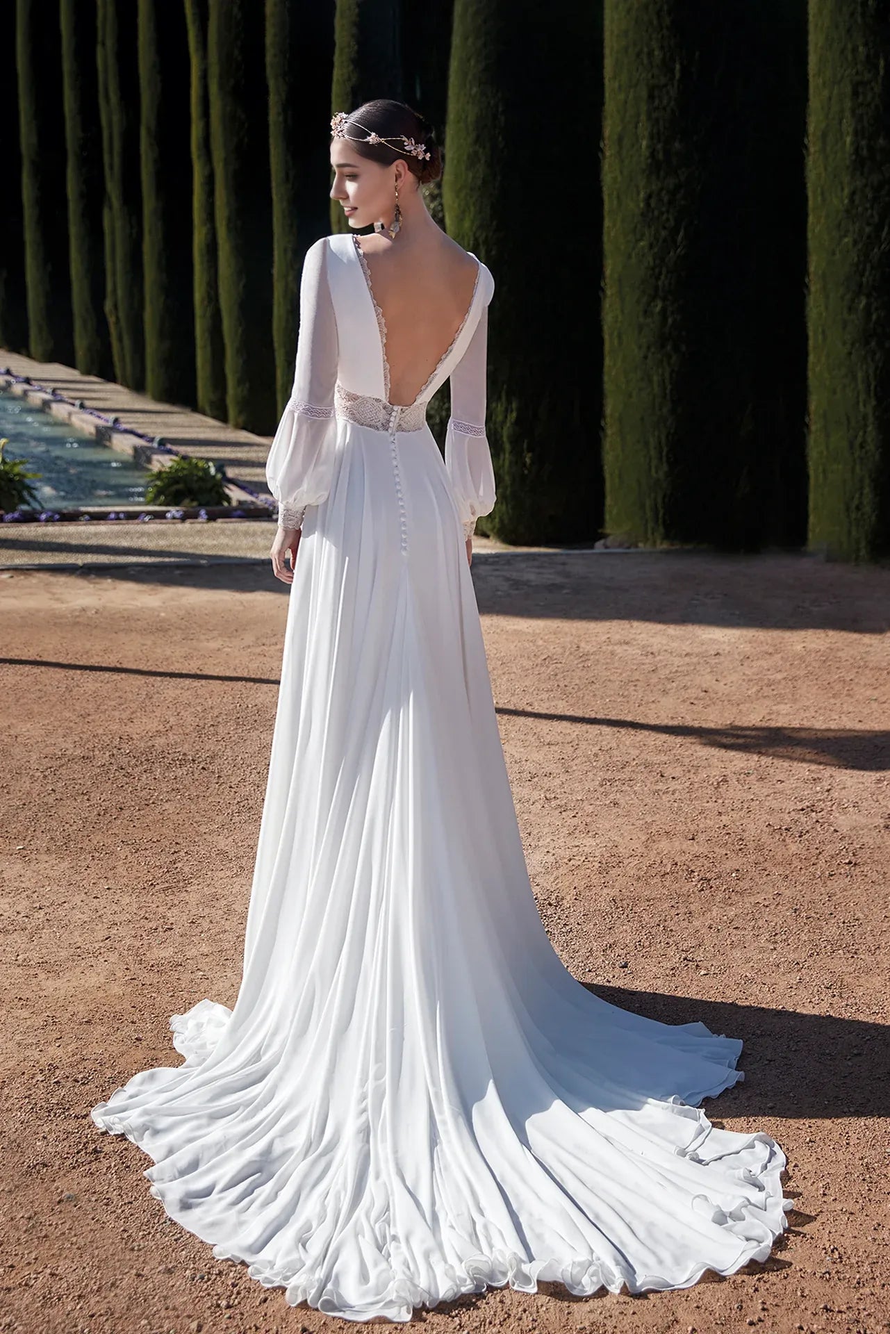 Dress For Wedding Lace V Neck Long Tulle Sleeved Flared With  V-shaped Open Back Wedding Dress Formal Women's Dresses