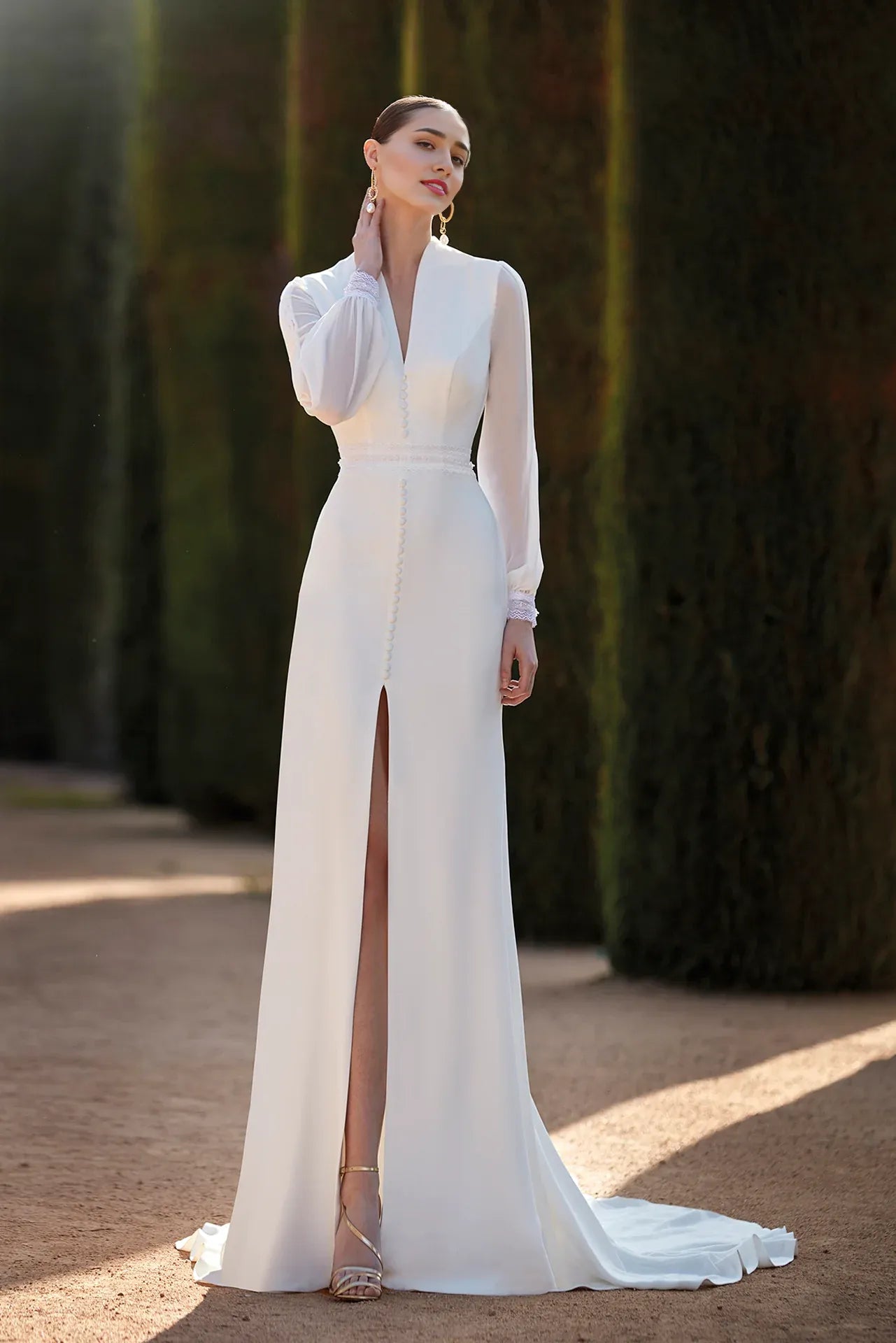 Dress For Wedding  V Neck Tulle Long-sleeved Mermaid Cinched Waist With Front Slit Wedding Dress Formal Women's Dresses