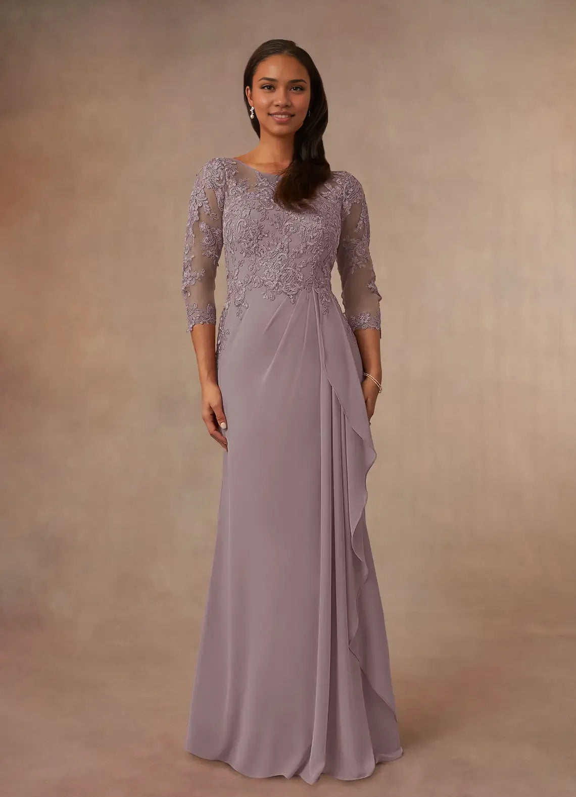 Robe de soirée élégante en mousseline de soie, coupe trapèze, coupe champagne, manches trois-quarts, dos en V, grande taille, pour mère de la mariée 