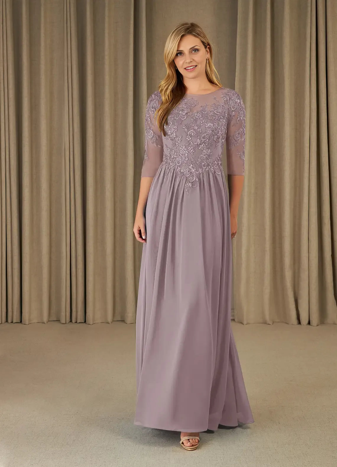 Robe Weitese prune décolleté en dentelle mousseline de soie trapèze mère de la mariée robe de soirée mode manches trois-quarts dos fermeture éclair grande taille robes mère du marié 