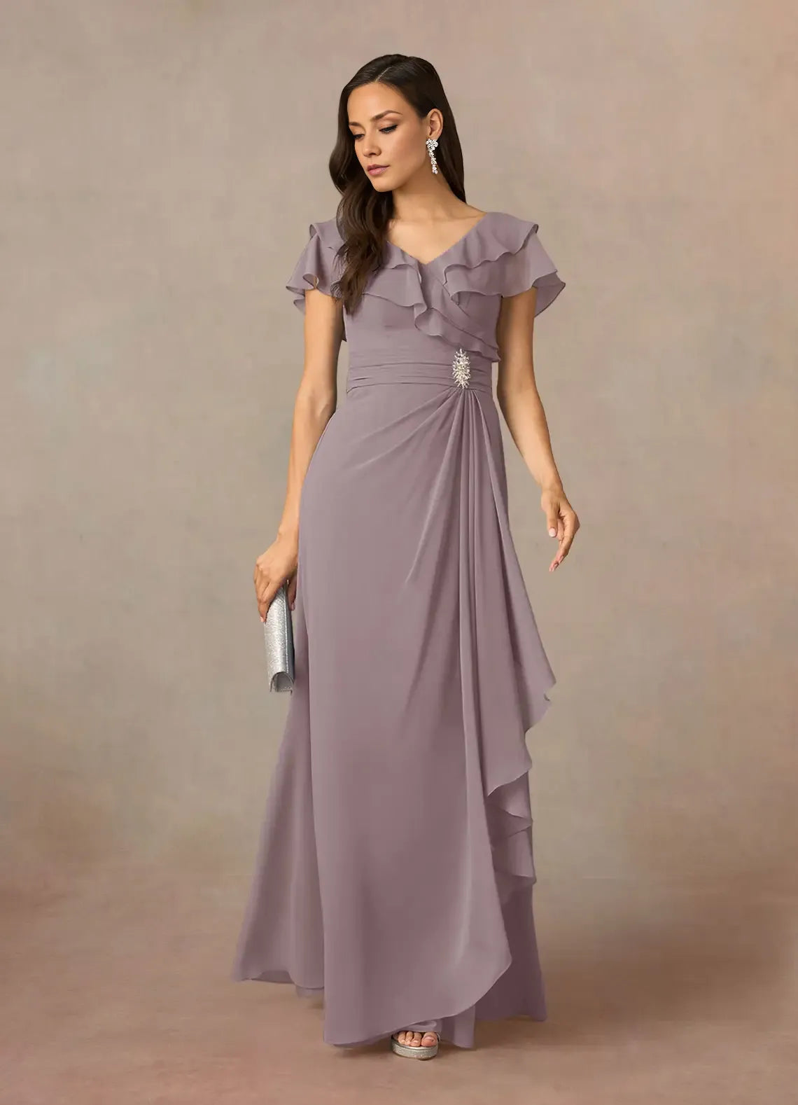 Robe Weitese bleu marine foncé, coupe trapèze, col en V, en mousseline froncée, robe de soirée pour mère de la mariée, élégante, volantée, manches flottantes, dos en V, grande taille 