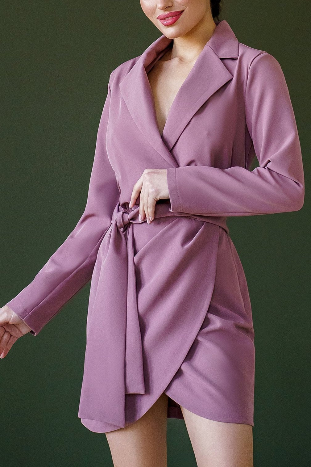 Dusky Pink Wrap V Neck Long Sleeve Pleated Short Prom Dress Party Dress