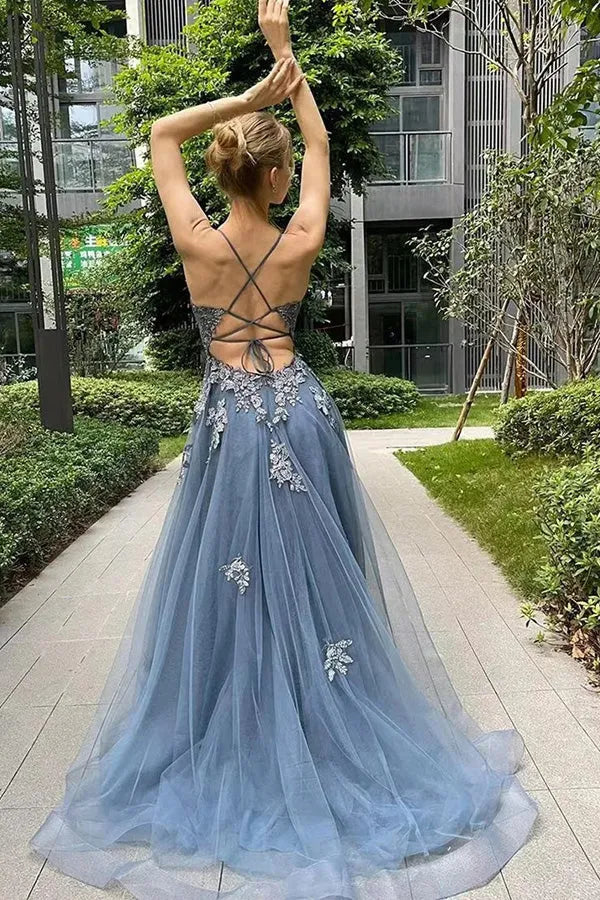 Dusty Blue Spaghetti Strap Lace Criss Cross Back High Slit A-Line Tulle Prom Dress