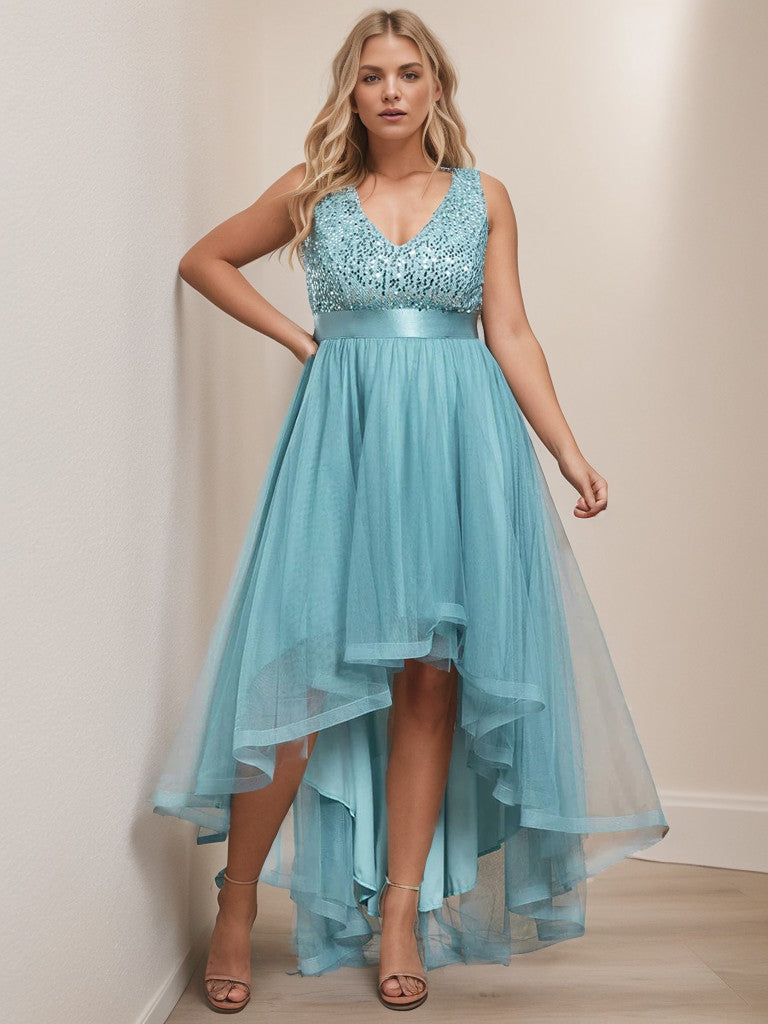 Robe de soirée grande taille Weitese sans manches en tulle à paillettes et ruban à taille haute