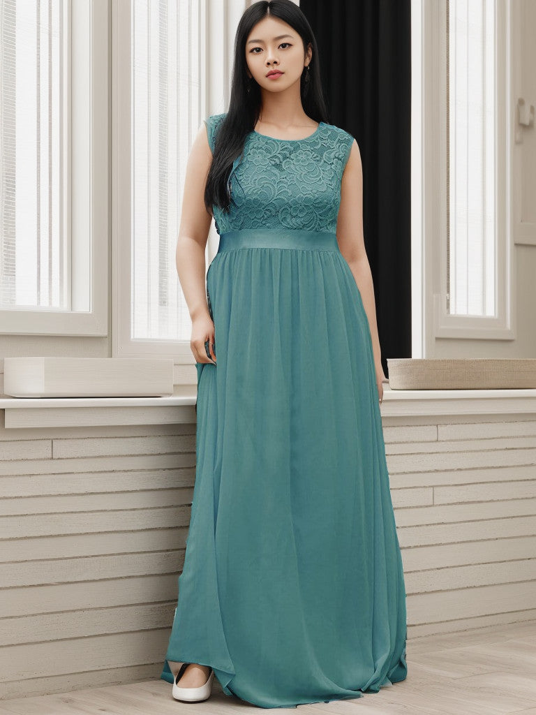 Robe de demoiselle d'honneur Weitese grande taille, classique, col rond, dos en V, coupe trapèze, en mousseline de soie et dentelle