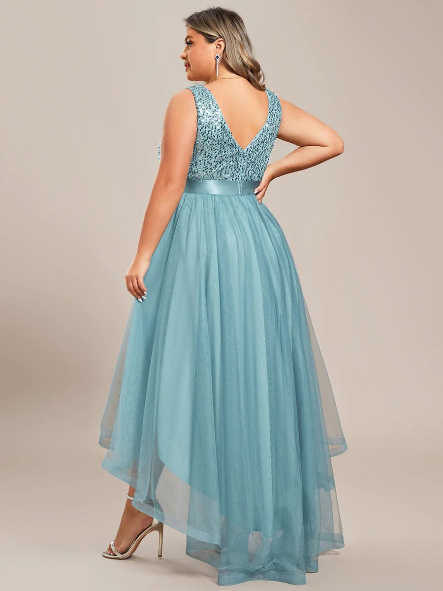 Robe de soirée grande taille Weitese sans manches en tulle à paillettes et ruban à taille haute