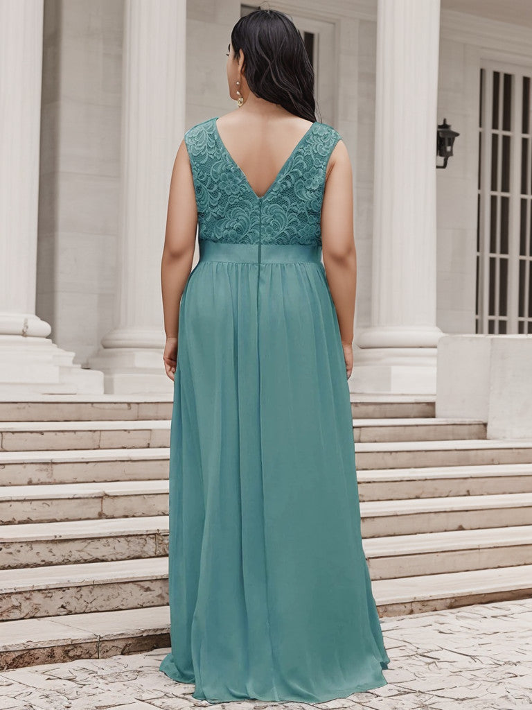 Robe de demoiselle d'honneur Weitese grande taille, classique, col rond, dos en V, coupe trapèze, en mousseline de soie et dentelle