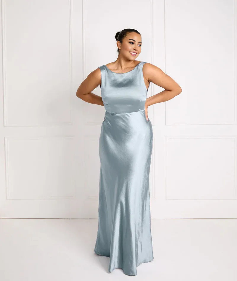 Weitese Dress Fashion Cowl Back Satin Bridesmaid Dress Maxi Dress Solid Color Champagne Boat Neck Sleeveless Prom Dress