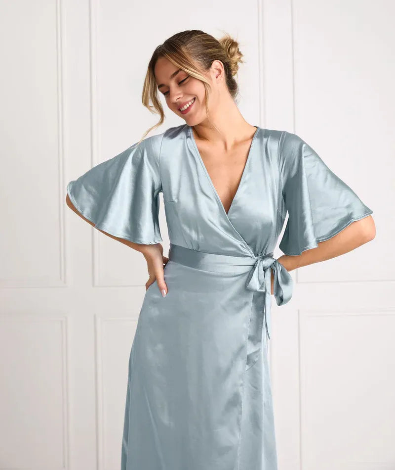 Weitese Dress Fashion Wrap Tie Satin Bridesmaid Dress Maxi Dress Solid Color Champagne Flutter Sleeve Column Prom Dress