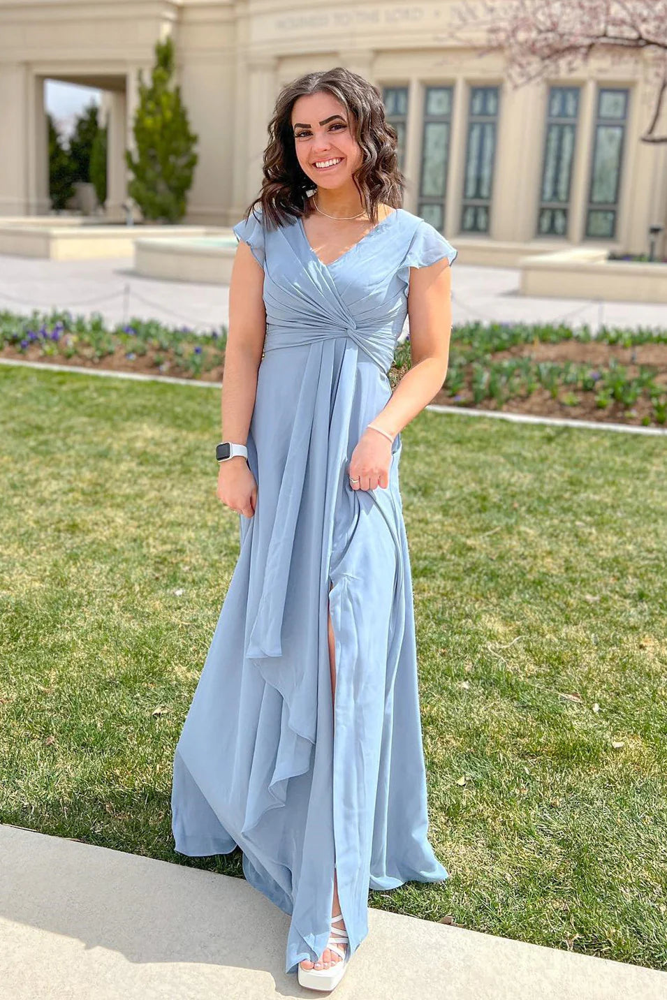 Dusty Blue V-Neck Pleated Chiffon Bridesmaid Dress/Formal Women's Dresses