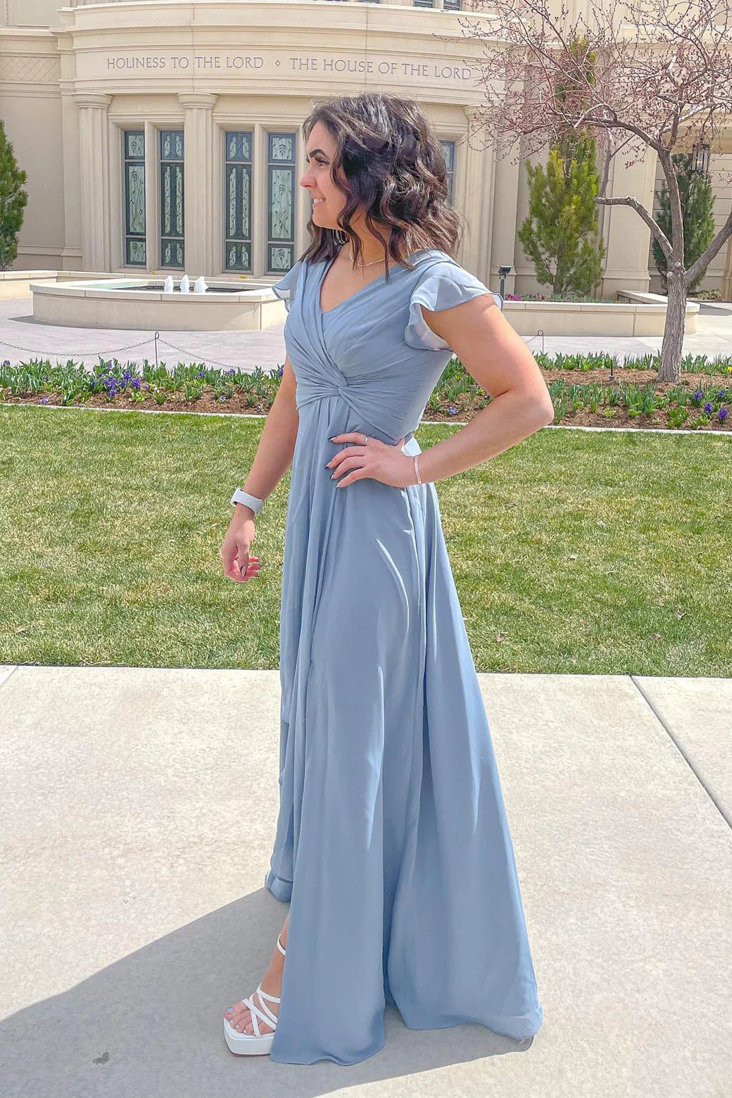 Dusty Blue V-Neck Pleated Chiffon Bridesmaid Dress/Formal Women's Dresses