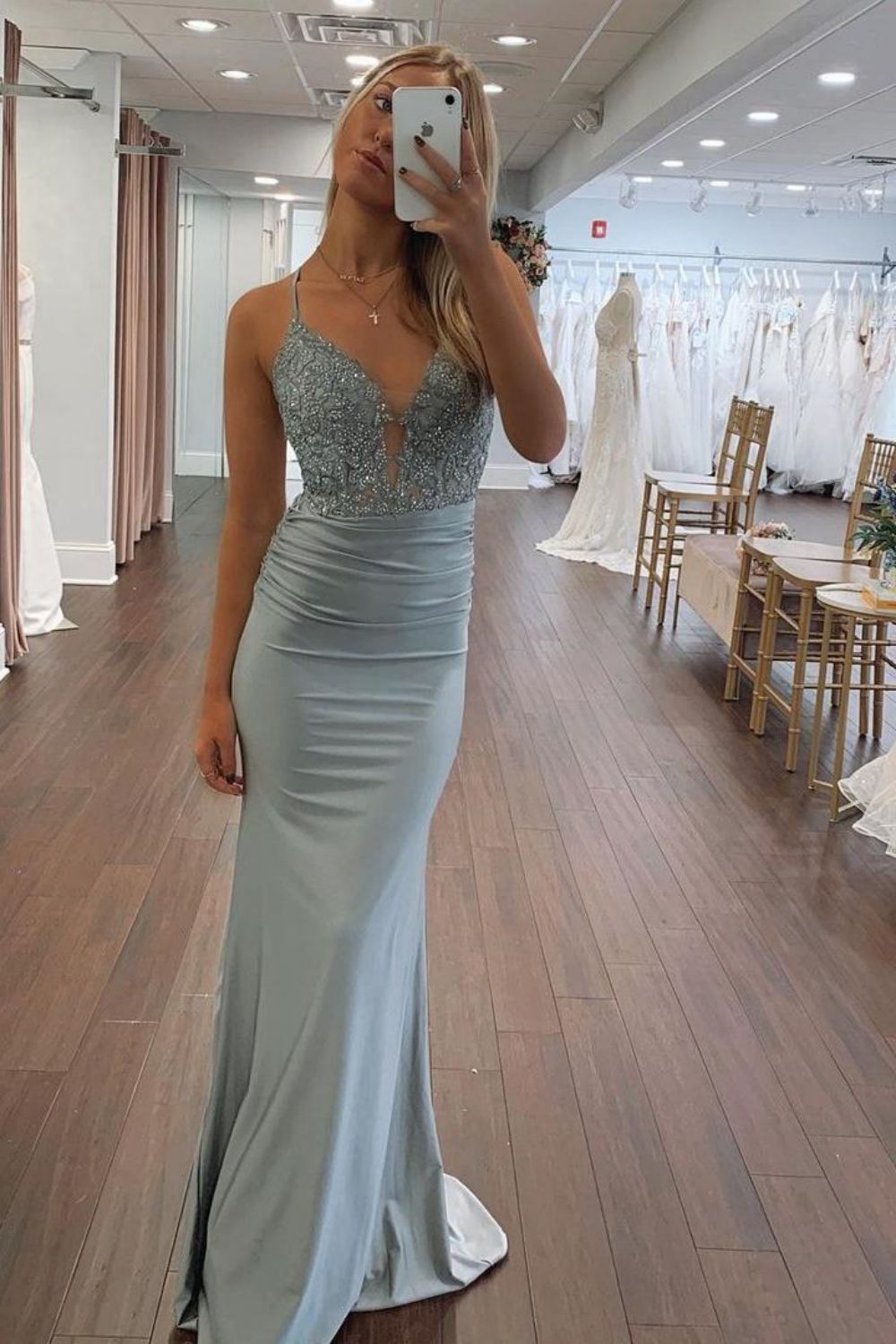 Weitese Mermaid Spaghetti Straps Lace Up Long Glitter Prom Dress