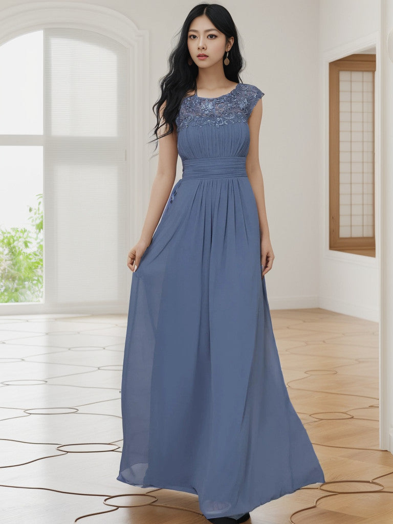 Weitese Maxi Lace Cap Sleeve Long Formal Evening Dress