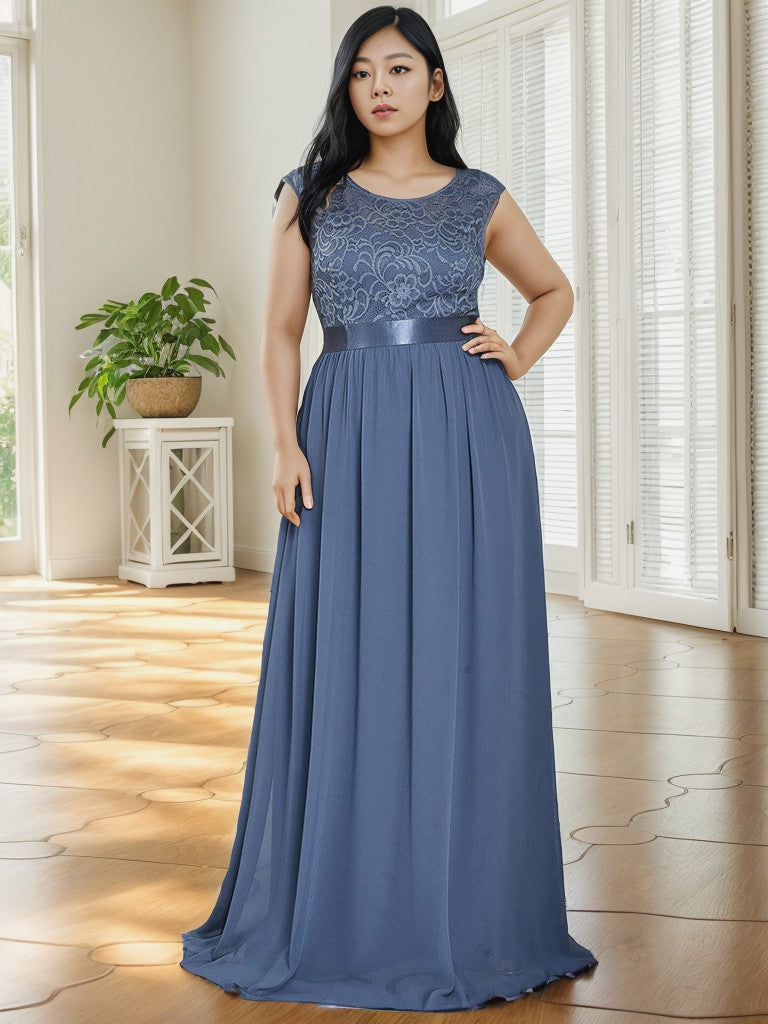 Robe de demoiselle d'honneur Weitese grande taille, classique, col rond, dos en V, coupe trapèze, en mousseline de soie et dentelle